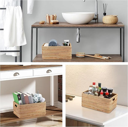Hipiwe Handwoven Rattan Basket Wicker Storage Basket Box with Build-in Handles Natural Open Storage Bin for Shelf Bathroom Living Room Kitchen, 13" x 8.7" x 5.9"