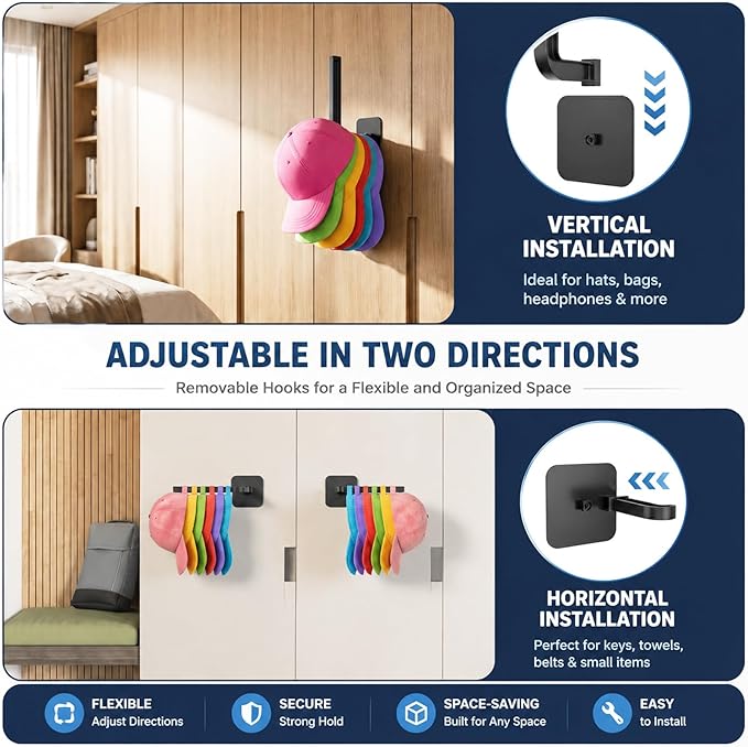 Hat Organizer 4 Pack, Hat Rack for Baseball Caps Holds 10+ Caps Each, Hat Hooks for Wall, Strong Adhesive & Screw Mount Hat Holder, Space Saving Storage for Closet Door Bedroom, RV Accessories, Black
