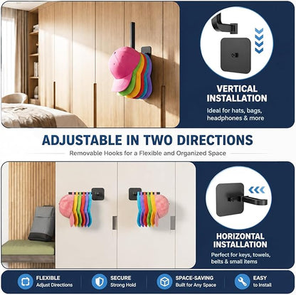 Hat Organizer 4 Pack, Hat Rack for Baseball Caps Holds 10+ Caps Each, Hat Hooks for Wall, Strong Adhesive & Screw Mount Hat Holder, Space Saving Storage for Closet Door Bedroom, RV Accessories, Black