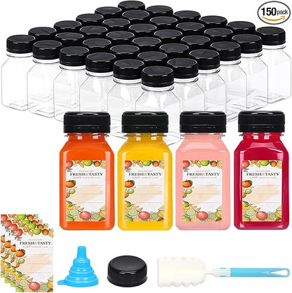 TOMNK 150pcs Juice Bottles with Caps, 4oz Plastic Containers with Lids Empty Reusable Clear Ginger Shots Bottles with Label, Funnel, and Brush Beverage for Juicing, Smoothies, Drinking, Fridge