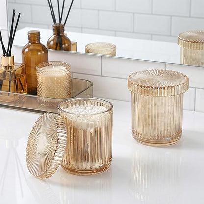 2 Pack Glass Qtip Holder with Lid, Apothecary Jars with Lids, Glass Bathroom Jars for Cotton Ball, Swab, Pads, Floss Picks, Bathroom Accessories Organization and Vanity Organizer (Amber)