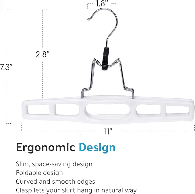Quality Hangers 10 Pack Premium Skirt Hangers - Thin Space Saving Pant Hangers Set with Clamp, Shorts Hangers with Heavy Duty Locking Clasp, Multipurpose Jean Hangers Set - White