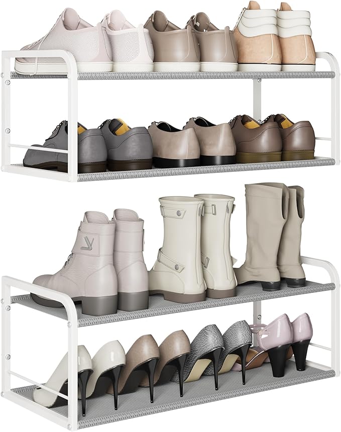 2 Pack Wall Mounted Shoe Rack, Carbon Steel Shoe Organizer with Removable Oxford Cloth, Non-Slip Space-Saving for Entryway Closet Bedroom, White