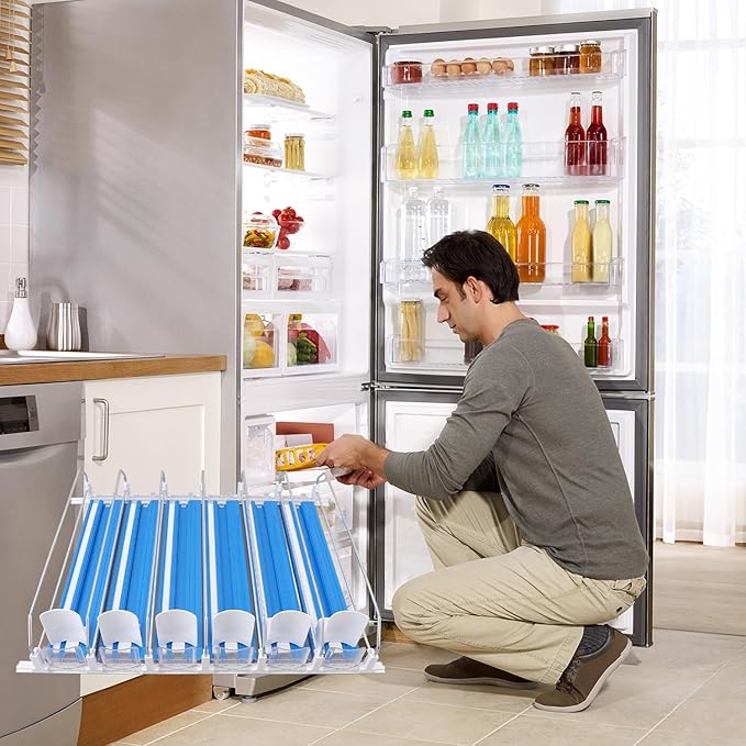 Drink Organizer for Fridge, 18.9x15.0x3.1in Soda Can Dispenser for Refrigerator, 6 Rows Adjustable Automatic Pusher Glide Drink Dispenser for Beer Beverages (Blue)