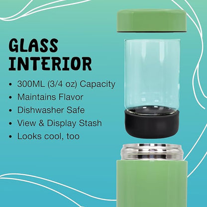 Nugbuddy Airtight Storage Container - Vacuum Sealed Insulated w Nested Glass Jar - UV Protection, Temperature Controlled Stainless - Stays Fresh - Whiteboard Finish w Marker Included - 300 ml (3/4 Oz)