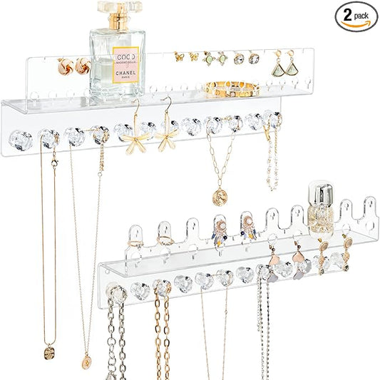 Acrylic Hanging Jewelry Organizer Wall Mounted Jewelry Holder with Floating Shelf, Necklace Holder Organizer, Stud Earring Organizer and Ring Holder for Women Girls (2 Pack)