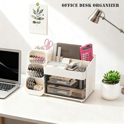 Makeup Organizer with Brush Holder for Vanity, Spacious Cosmetic Display Case with 2 Drawers, The Perfect Bathroom Vanity Organizer for Beauty Essentials, Skincare, Lipsticks