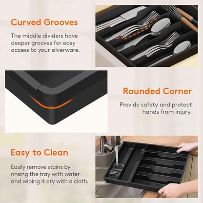 Lifewit Silverware Drawer Organizer Tray, Plastic Cutlery Storage for Kitchen, Flatware and Utensil Holder Divider for Spoons Forks Knives Tableware, 12.3 x 16", 7 Slots, Black