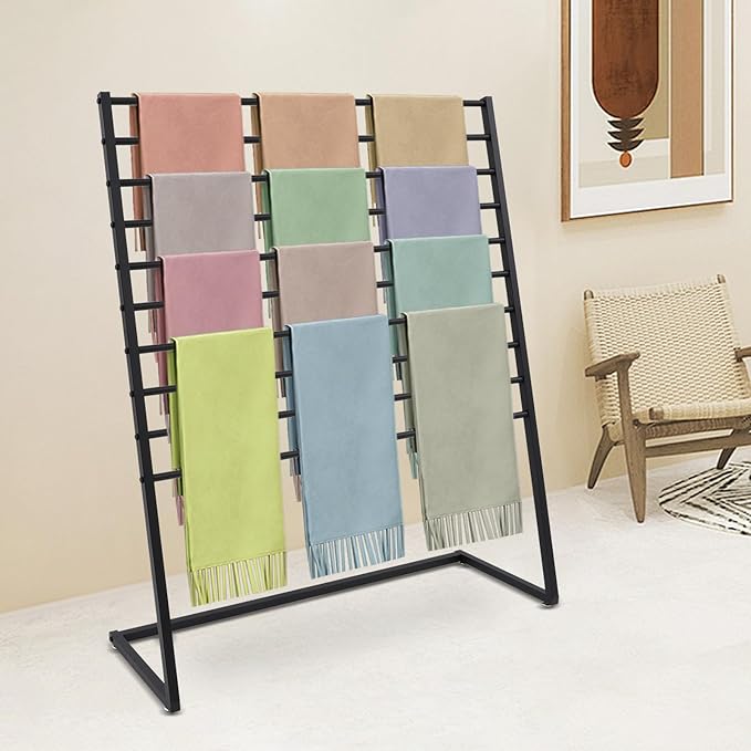 10 Tier Scarf Display Stand, 47.24In Metal Scarf Holder Organizer, Freestanding Scarf Rack for Commercial Clothing Retail Store Towel Rack Ties Belt Pants Hanging Rack (Black)