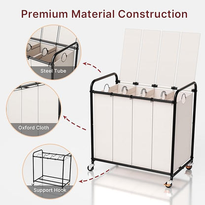 180L Laundry Sorter 4 Section – Heavy Duty Rolling Laundry Basket with Lockable Wheels and Lid, 4 Large Separate Removable Bags, Laundry Hamper Cart for Laundry Room Organizer (White)