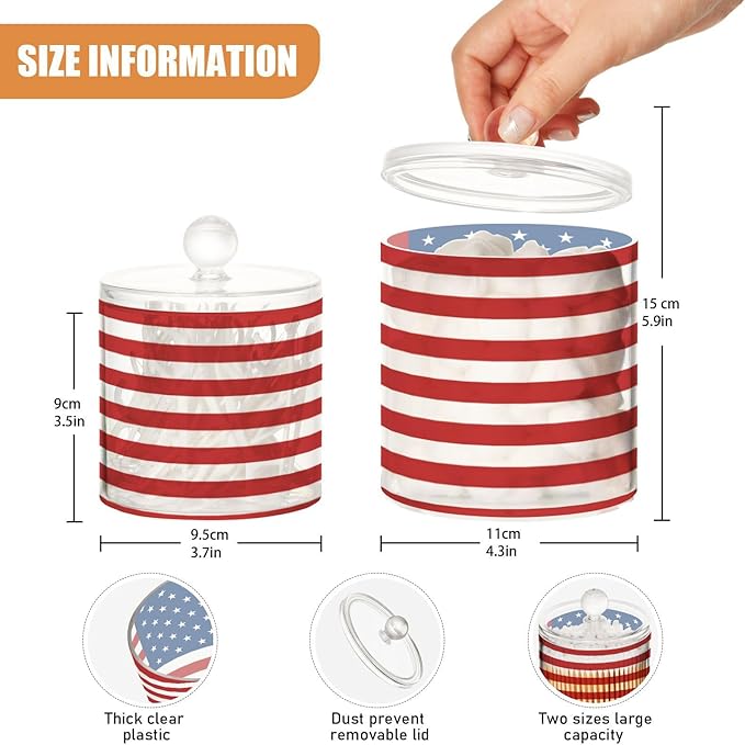 DOMIKING American Usa Flag 2 Pack Bathroom Canisters Cotton Swab Holder Dispenser Plastic Cotton Ball Jar Acrylic Storage Containers for Cotton Ball Cotton Round Pads Cotton Swab
