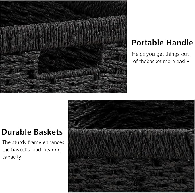 joybest Black Wicker Baskets for Shelves, 13.4L x 8.3W x 7.1H inch Hand-woven Storage Baskets for Pantry Organizing, Foldable Rectangular Bin with Handles, 4-pack