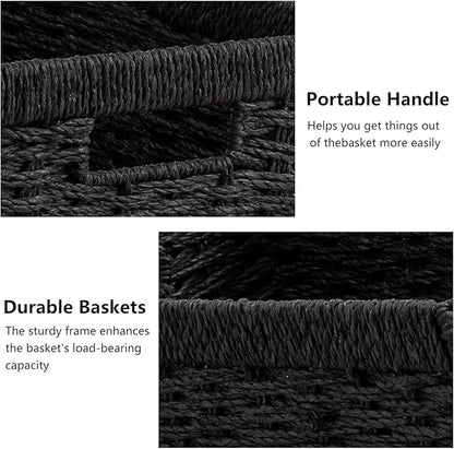 joybest Black Wicker Baskets for Shelves, 13.4L x 8.3W x 7.1H inch Hand-woven Storage Baskets for Pantry Organizing, Foldable Rectangular Bin with Handles, 4-pack