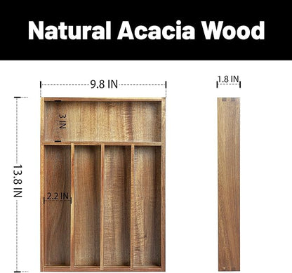 KITEISCAT Acacia Wood Silverware Organizer, Kitchen Utensil Drawer Organizer for Forks, Knives & Spoons, 5-Compartment Cutlery Tray, Flatware Holder