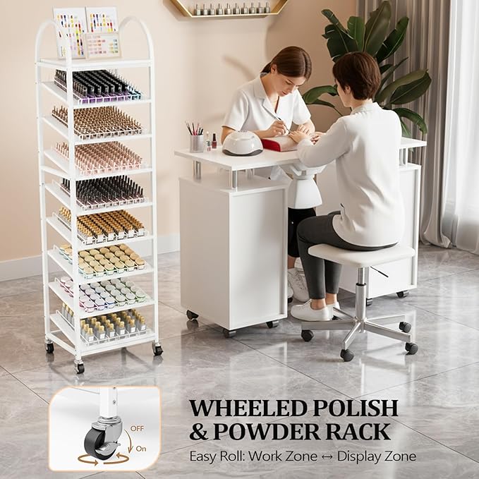 OmySalon Rolling Nail Polish & Powder Display Stand - 8 Tier Mobile Nail Salon Organizer Rack with Wheels, Holds 600 Bottles & 240 Jars for Nail Artists, Salon Display, Retail Store (White)