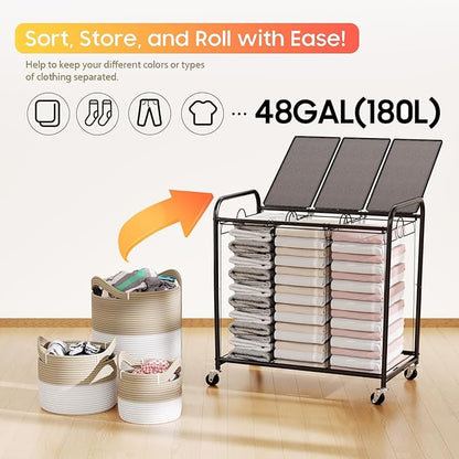 180L (47.55 Gal) Laundry Sorter 3 Section, Rolling Laundry Basket with Lockable Wheels and Lid, Laundry Hamper with 3 Separated Removable Bags Dirty Clothes Hamper for Laundry Room Organizer, Grey