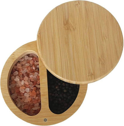 Bamboo Salt Box，Salt Cellar with Removable Magnetic Swivel Lid Round Salt, Pepper or spice Storage Box Cellar (Bamboo) (ZewellS09)