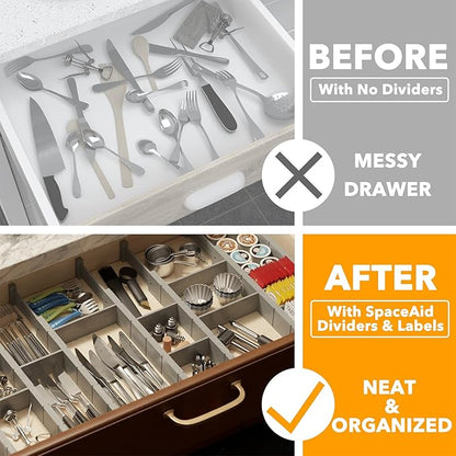 SpaceAid Bamboo Drawer Dividers with Inserts and Labels, Kitchen Adjustable Drawer Organizers, Expandable Organization for Home, Office, Dressers, 10 Dividers with 24 Inserts (17"-22" Gray)