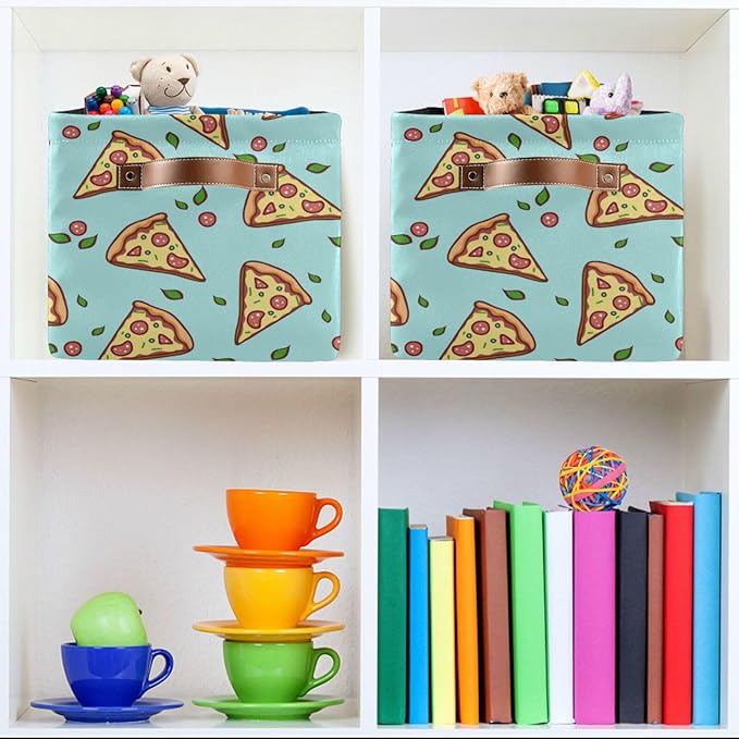 Doodle Pizza Storage Baskets,Decorative Collapsible Rectangular Canvas Fabric Storage Bin for Home,2 Pack