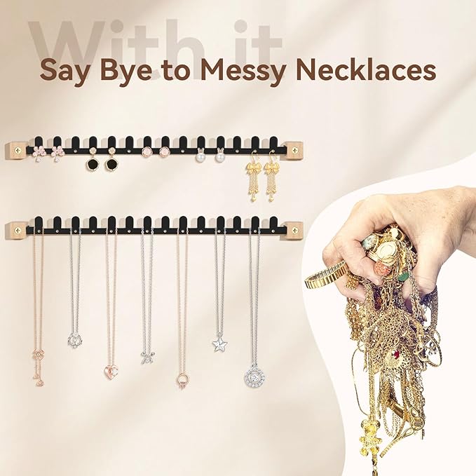 Wall Necklace Holder Hanging Jewelry Organizer 2 Pack Metal Necklace Organizer, Space-saving Jewelry Display for Necklaces & Earrings, Screws Included, Black