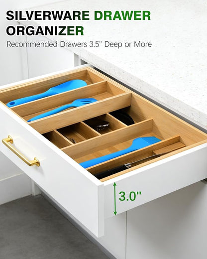 HULISEN Double Layer Bamboo Utensil Drawer Organizer, 2 Tier Silverware Cutlery Drawer Organizer with Sliding Top & Removable Knife Holder, Deep 8-Slot Kitchen Drawer Organizer