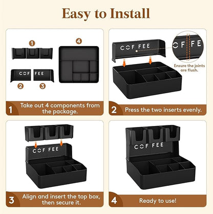 Lifewit 2-tier Coffee Station Organizer Caddy for Countertop, 10 Compartments Coffee Bar Organizers for Cups, Pods, Sugar, Compact Condiment Holders Storage for Office Breakroom Kitchen Home Black
