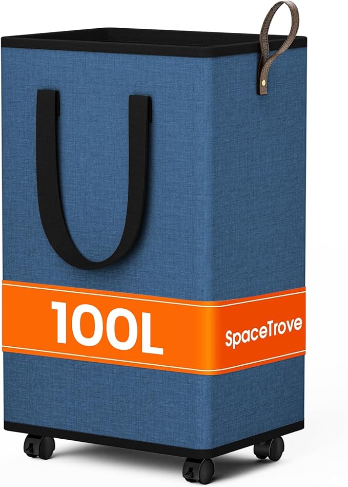 SpaceTrove Laundry Basket with Wheels, Collapsible Laundry Baskets, Laundry Hamper with Handles Detachable Wheels, Rolling Laundry Basket, Dirty Clothes Hamper for Bathroom, Dorm, Bedroom, Navy, 100L