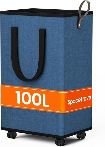 SpaceTrove Laundry Basket with Wheels, Collapsible Laundry Baskets, Laundry Hamper with Handles Detachable Wheels, Rolling Laundry Basket, Dirty Clothes Hamper for Bathroom, Dorm, Bedroom, Navy, 100L