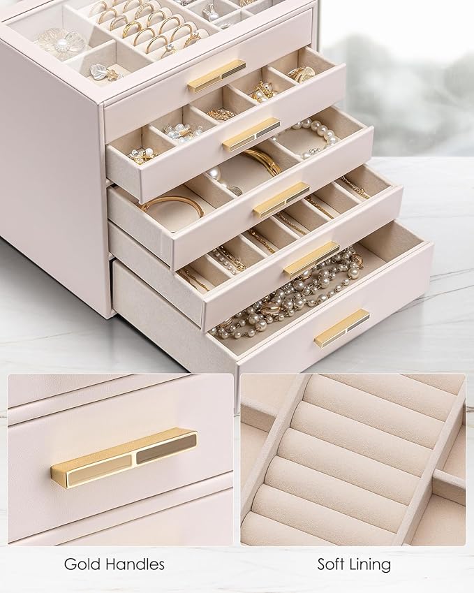 VLANDO 5 Layer Jewelry Box for Women, Glass Lid Jewelry Organizer with 5 Drawers for Necklaces Rings Earrings Bracelets - Light Pink