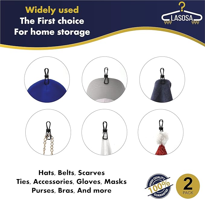 LASOSA Hat Organizer for Closet, Set of 2 - Space-Saving Cap Rack for Baseball Hats, Beanies, Scarves and More - Portable, Adjustable and Easy to Install - Premium Quality, Durable Design (Black)