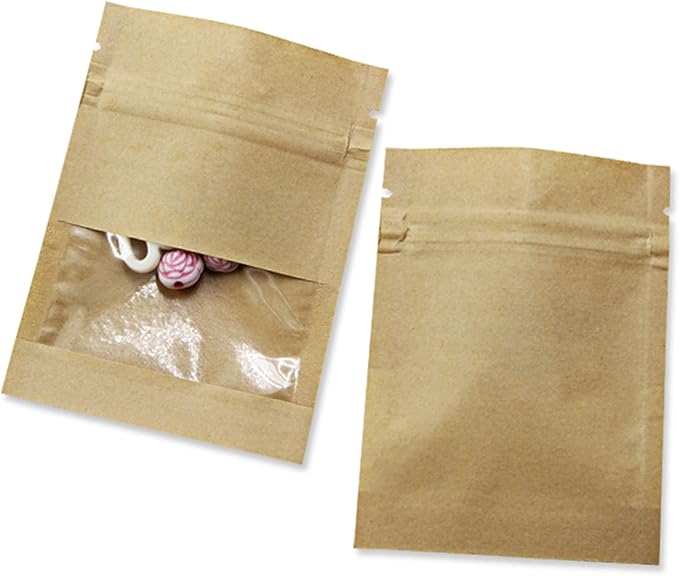 PABCK 100 Pack (Inner Size 2.36x2.36inch) Clear Window Airtight Seed Packets Brown Kraft Paper Envelopes for Zip Food Storage Lock Small Bags Zipper Seal Resealable Heat Seal Pouch Coffee Packaging