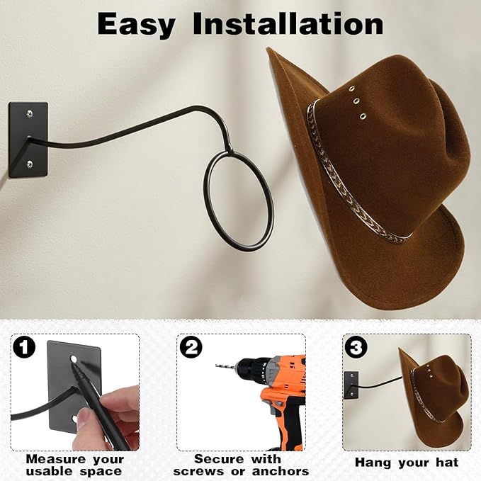 8 Pcs Cowboy Hat Rack for Wall, Black Metal Cowboy Hat Holder Reusable Wall-Mounted Metal Hats Hooks with Screws for Fedora, Cap, Wide Brim Hats for Home, Shop