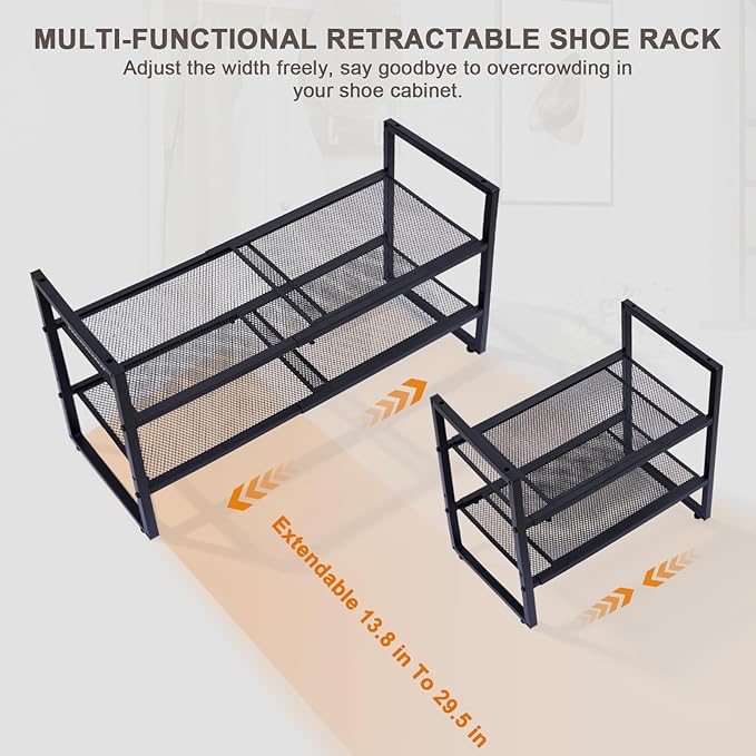 Expandable Shoe Rack,2 Tier Adjustable Metal Shoe Shelf for Closet,Sturdy Free Standing Shoe Storage for Door Entrance,Bedroom,Small Spaces,Black