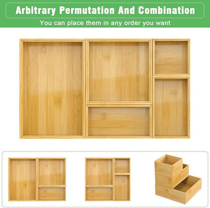 Bamboo Bathroom Drawer Organizer Dividers, Wooden Kitchen Utensil Holder Set of 5, Stackable Junk Drawer Organizer Tray, Multi-Use Storage Bins Boxs for Home, Office, Clothing, Makeup, Jewelry