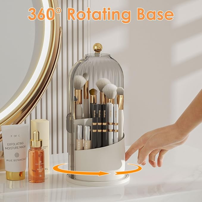 YOOLENS Makeup Brush Holder with Lid 360 Rotating Clear Dustproof Make Up Organizers for Vanity Bathroom Countertop, Gray