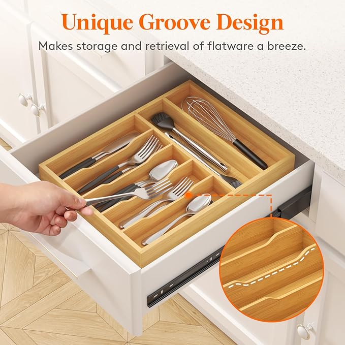 Lifewit Silverware Drawer Organizer, Utensil Tray for Kitchen, Flatware and Cutlery Holder, Storage for Spoons Forks Knives, 33 x 42cm, Natural