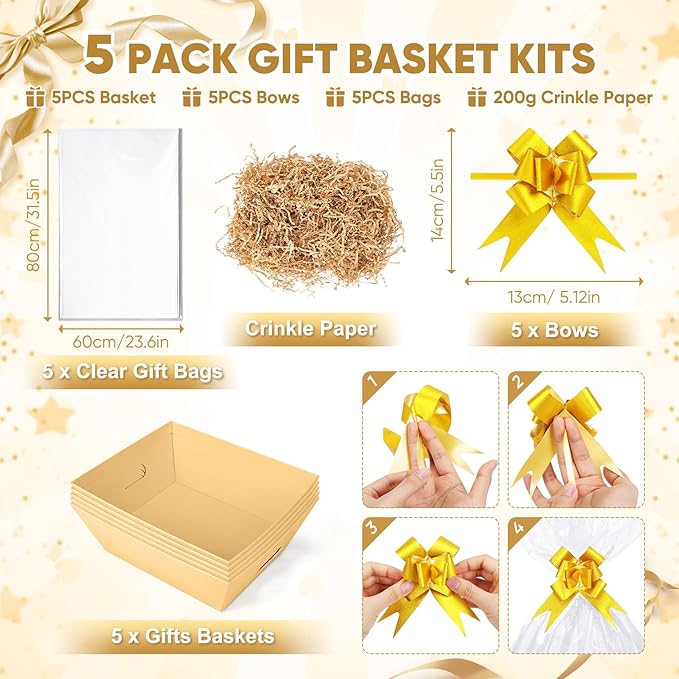 5 Pack Baskets For Gifts Empty, 10x12” Kraft Gift Basket Kit with Clear Bags Gold Bows 200g Crinkle Cut Paper Empty Gift Baskets to Fill Large Gift Baskets for Christmas, Birthdays, Holidays, Weddings