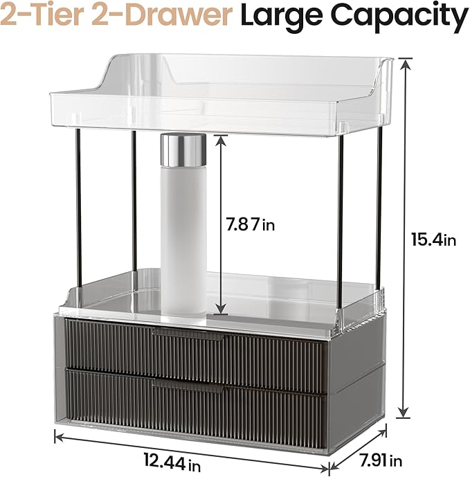 Delamu Bathroom Organizers and Storage, 2 Tier 2 Drawer Makeup Organizer Countertop, Easy to Install, Ideal for Bathroom Counter, Vanity, Large Skincare, Perfume, Present, Desk and More, Black