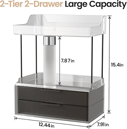Delamu Bathroom Organizers and Storage, 2 Tier 2 Drawer Makeup Organizer Countertop, Easy to Install, Ideal for Bathroom Counter, Vanity, Large Skincare, Perfume, Present, Desk and More, Black