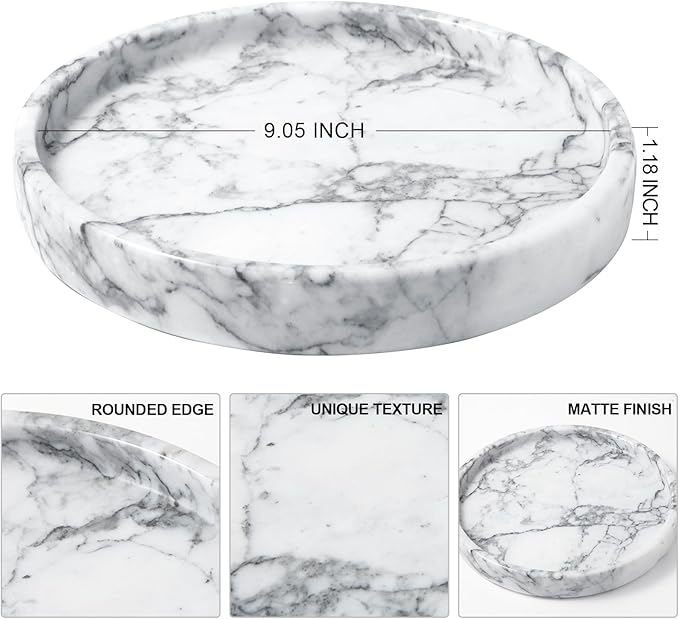 Round Natural Marble Tray for Bathroom, 10" Decorative White Marble Tray for Home, Bathroom Vanity Tray and Elegant Marble Serving Tray
