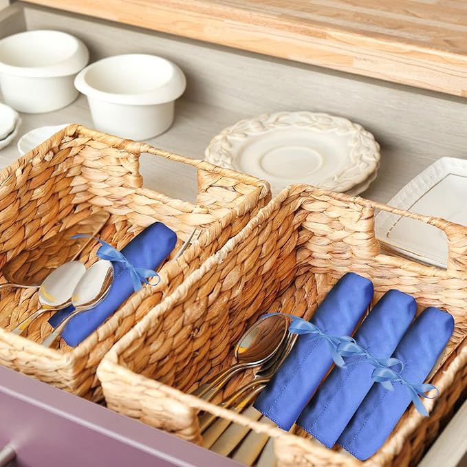 ikaufen 8Pcs Silver Storage Bags Anti Tarnish Flannel Silver Protector Bags Blue Holder for Silverware Flatware Storage Organizer Silver Storage Cloth with White Ribbon for Kitchen Utensils