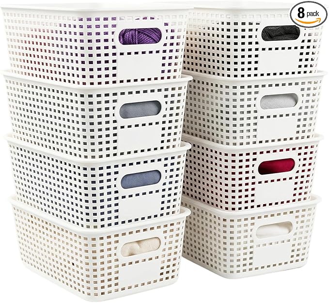8 Pack Small Plastic Storage Baskets with Lids, Plastic Storage Baskets for Organizing, Stackable Organizer Baskets, Small Storage Bins for Shelves,Closet,Craft Room,Playroom,Classroom,Office, White