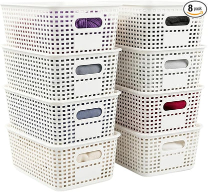 8 Pack Small Plastic Storage Baskets with Lids, Plastic Storage Baskets for Organizing, Stackable Organizer Baskets, Small Storage Bins for Shelves,Closet,Craft Room,Playroom,Classroom,Office, White