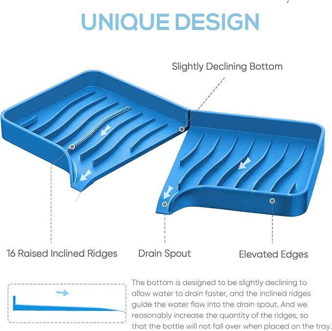 Kitchen Soap Tray, Self Draining Soap Holder Silicone Dish Sponge Holder, Bathroom Sink Organizer Sink Caddy for Sponge, Soap Dispenser, Palm Brush, Dish Scrubber