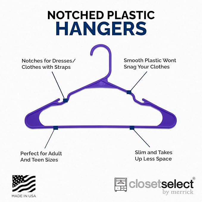 Closetselect Plastic Hangers 50 Pack - Space Saving Clothes Hangers, Made in USA, Durable & Strong Plastic Shirt & Coat Hanger with Notches & Shoulder Grooves, Non-Slip Clothing Hangers | Dark Grape