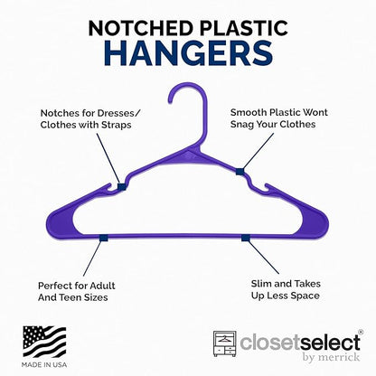 Closetselect Plastic Hangers 50 Pack - Space Saving Clothes Hangers, Made in USA, Durable & Strong Plastic Shirt & Coat Hanger with Notches & Shoulder Grooves, Non-Slip Clothing Hangers | Dark Grape
