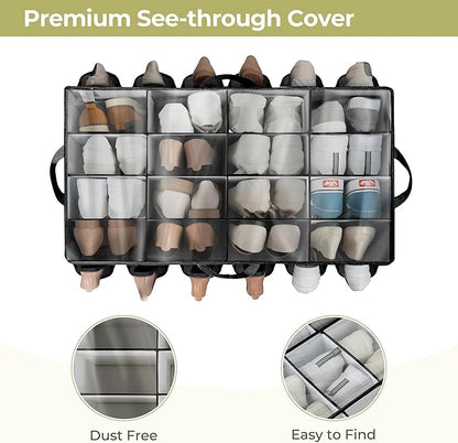Extra Large Shoe Organizer for Closet, Fits up to 28 Pairs, Fabric Shoe Box Storage Containers with Adjustable Dividers and Clear Cover, Black, 2 Pack