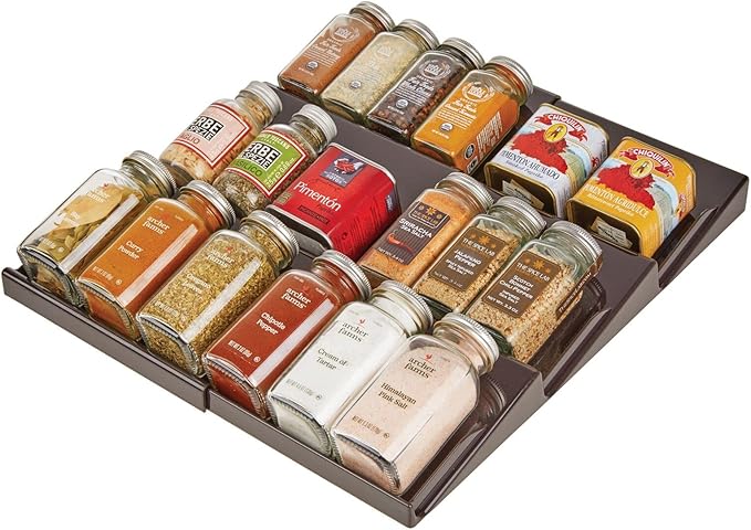 mDesign Expandable Plastic Deluxe Spice Rack, Drawer Organizer for Kitchen Cabinet Drawers, 3 Tier Slanted for Spice Jars, Food Seasoning Bottle Storage, Ligne Collection - Bronze