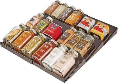 mDesign Expandable Plastic Deluxe Spice Rack, Drawer Organizer for Kitchen Cabinet Drawers, 3 Tier Slanted for Spice Jars, Food Seasoning Bottle Storage, Ligne Collection - Bronze