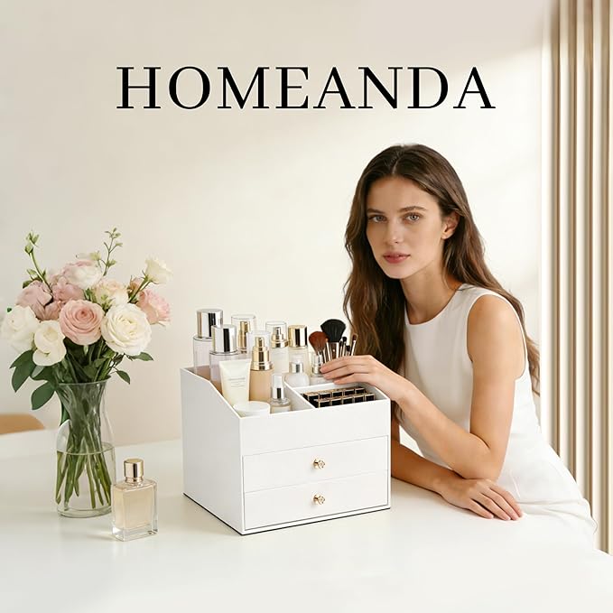 Homeanda Makeup Organizer with Drawers, PU Leather Cosmetic Storage Box Large Cosmetic Display Case for Skincare, Lipstick, Brushes, Bedroom Storage(White)
